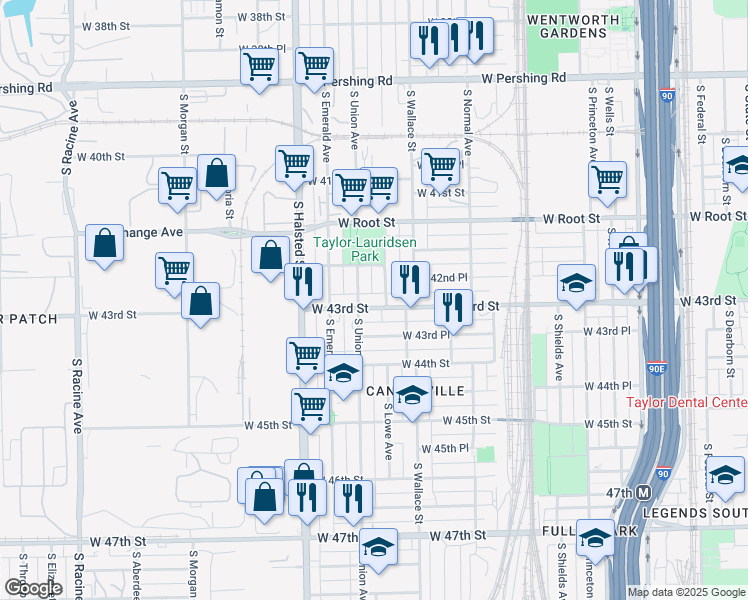 map of restaurants, bars, coffee shops, grocery stores, and more near 642 West 43rd Street in Chicago