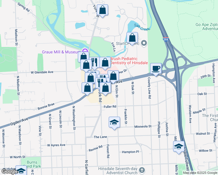 map of restaurants, bars, coffee shops, grocery stores, and more near 222 East Ogden Avenue in Hinsdale