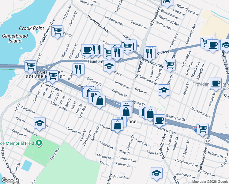 map of restaurants, bars, coffee shops, grocery stores, and more near 147 Grove Avenue in East Providence
