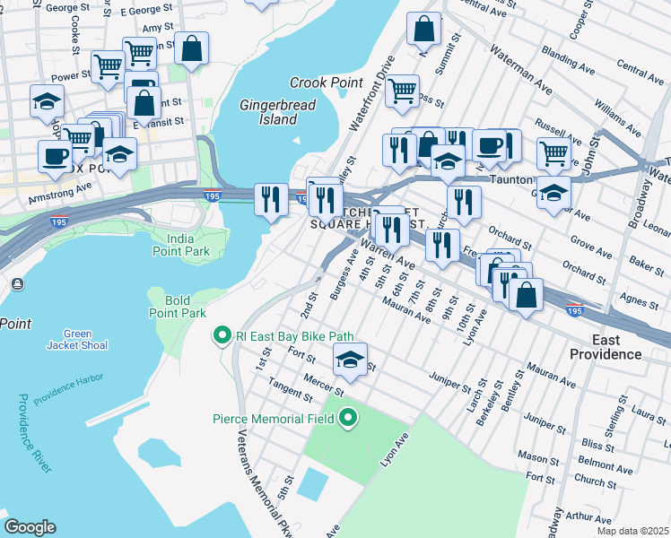 map of restaurants, bars, coffee shops, grocery stores, and more near 24 1st Street in East Providence