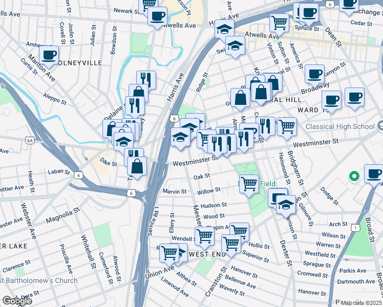 map of restaurants, bars, coffee shops, grocery stores, and more near 49 Bainbridge Avenue in Providence