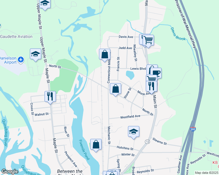 map of restaurants, bars, coffee shops, grocery stores, and more near 139 Morin Avenue in Killingly