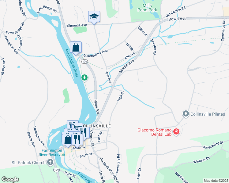 map of restaurants, bars, coffee shops, grocery stores, and more near 48 Maple Avenue in Canton