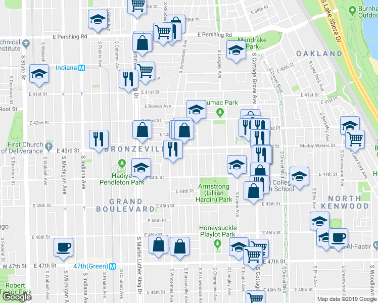 map of restaurants, bars, coffee shops, grocery stores, and more near 4250 South Saint Lawrence Avenue in Chicago