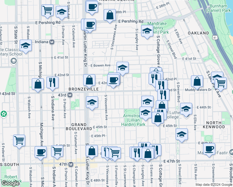 map of restaurants, bars, coffee shops, grocery stores, and more near 4250 South Saint Lawrence Avenue in Chicago