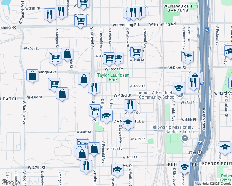 map of restaurants, bars, coffee shops, grocery stores, and more near 4221 South Lowe Avenue in Chicago