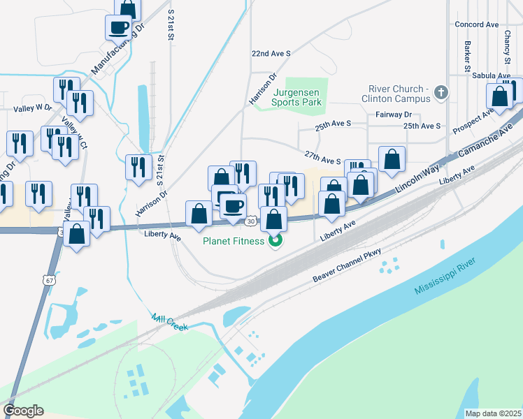 map of restaurants, bars, coffee shops, grocery stores, and more near 9 in Clinton