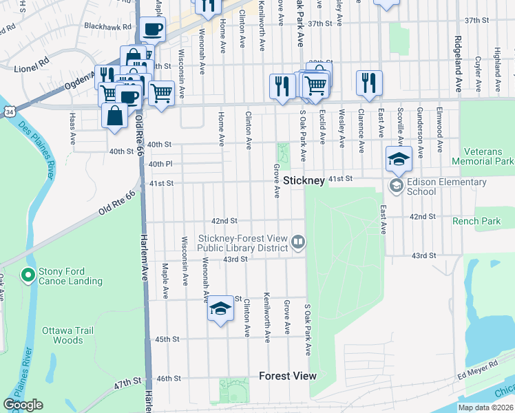 map of restaurants, bars, coffee shops, grocery stores, and more near 4121 Clinton Avenue in Berwyn