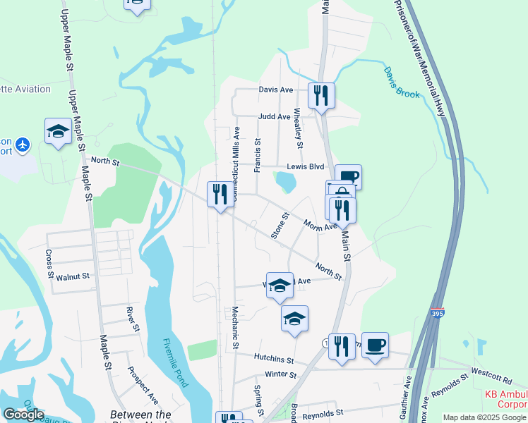 map of restaurants, bars, coffee shops, grocery stores, and more near 29 James Street in Killingly