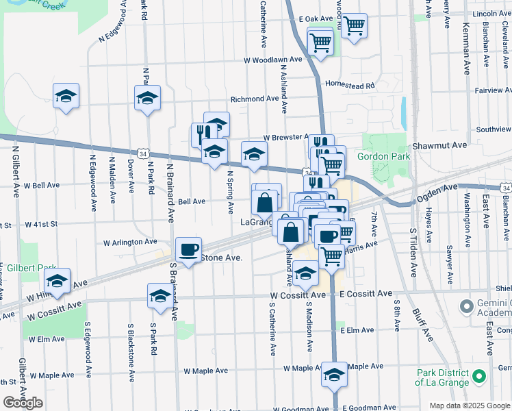 map of restaurants, bars, coffee shops, grocery stores, and more near 101 North Kensington Avenue in La Grange