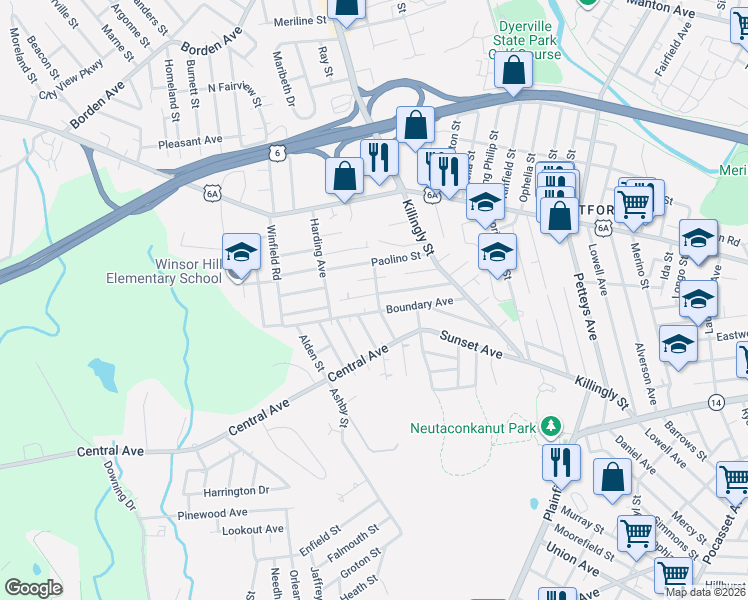 map of restaurants, bars, coffee shops, grocery stores, and more near 6 Emelia Street in Johnston