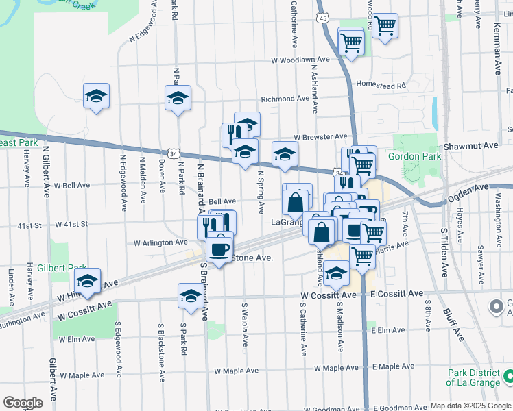 map of restaurants, bars, coffee shops, grocery stores, and more near 106 North Spring Avenue in La Grange