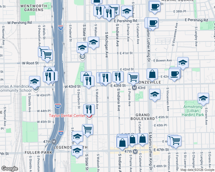 map of restaurants, bars, coffee shops, grocery stores, and more near South Michigan Avenue & East 43rd Street in Chicago