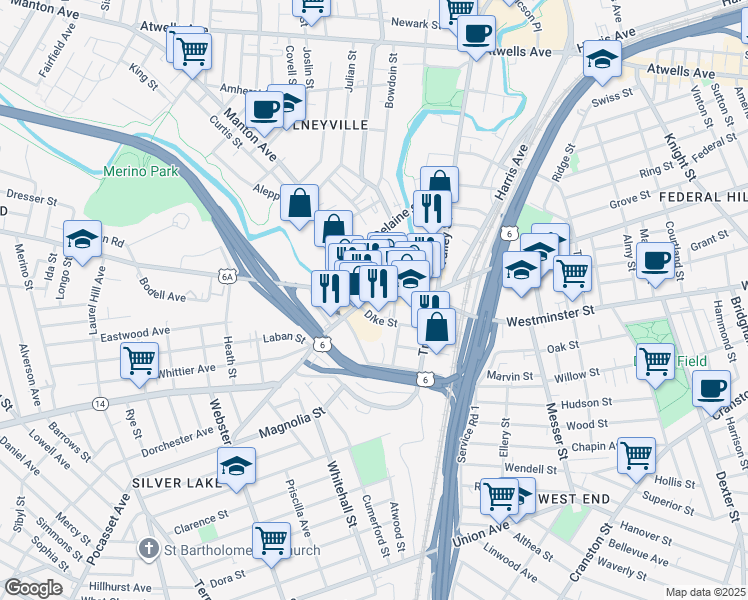 map of restaurants, bars, coffee shops, grocery stores, and more near 45 Olneyville Square in Providence