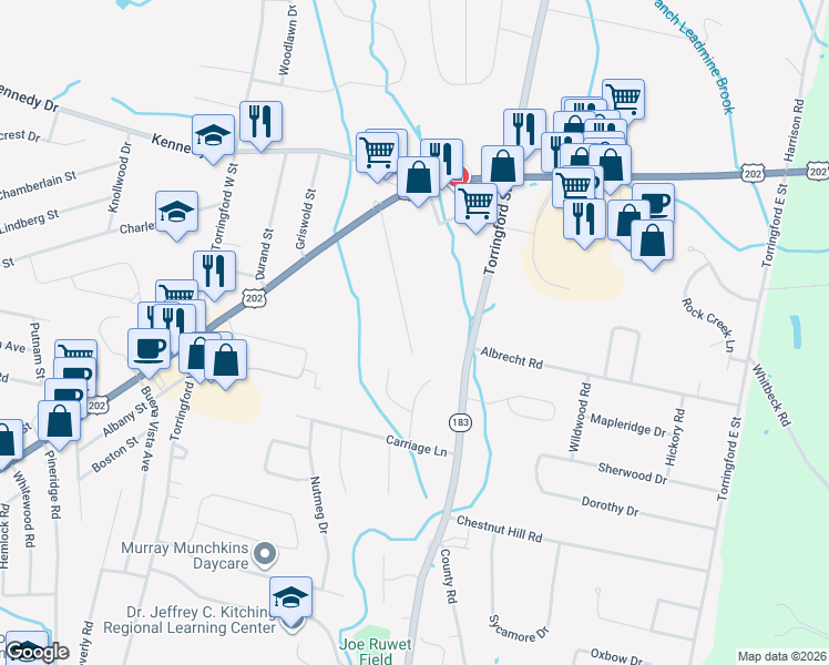 map of restaurants, bars, coffee shops, grocery stores, and more near 159 Greenridge Road in Torrington