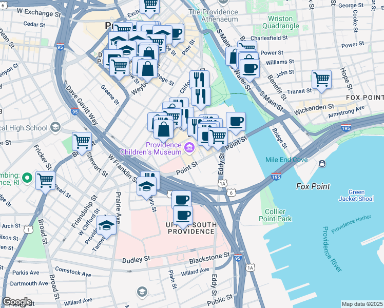 map of restaurants, bars, coffee shops, grocery stores, and more near 22 Parsonage Street in Providence