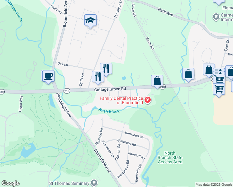 map of restaurants, bars, coffee shops, grocery stores, and more near 600 Cottage Grove Road in Bloomfield