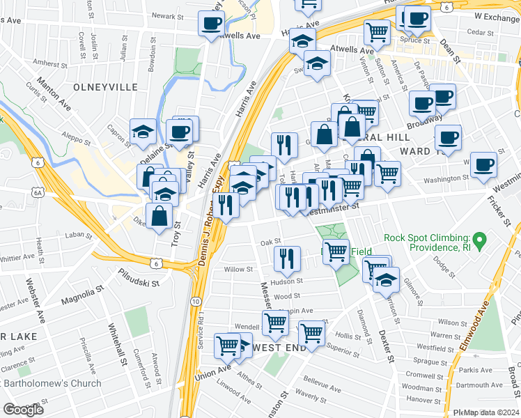 map of restaurants, bars, coffee shops, grocery stores, and more near 56 Barton Street in Providence