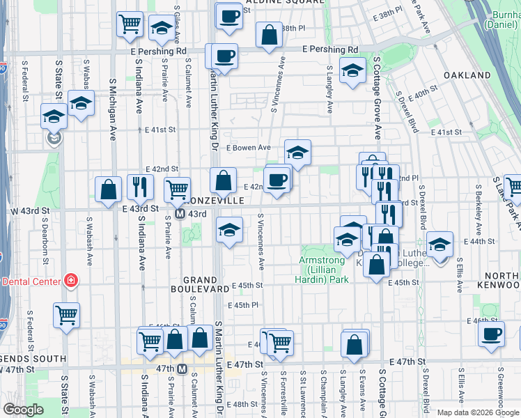 map of restaurants, bars, coffee shops, grocery stores, and more near South Vincennes Avenue in Chicago
