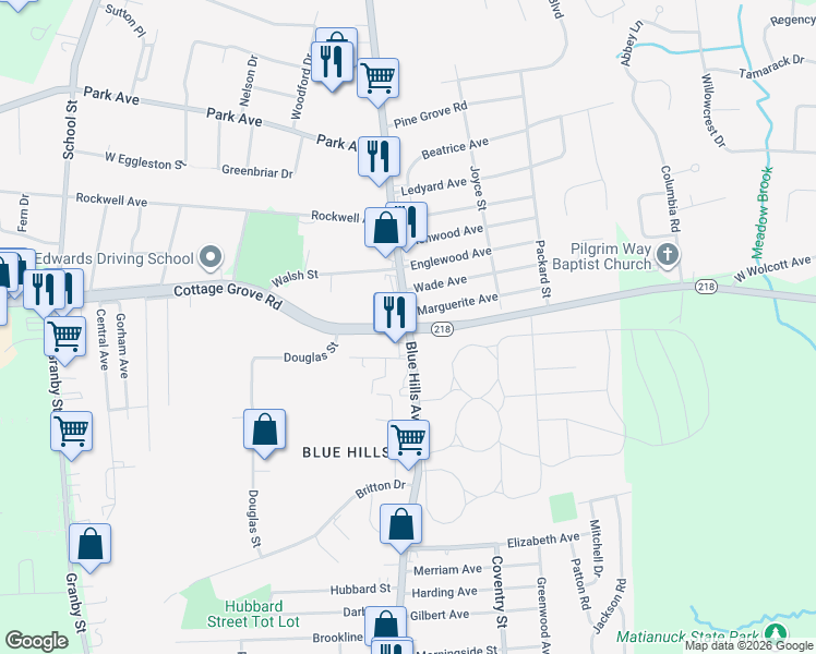 map of restaurants, bars, coffee shops, grocery stores, and more near Blue Hills Ave & Cottage Grove Rd in Bloomfield