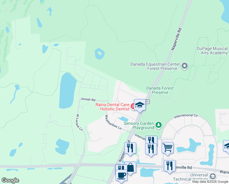 map of restaurants, bars, coffee shops, grocery stores, and more near 3S672 Delles Road in Naperville