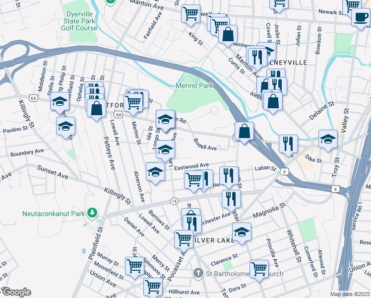 map of restaurants, bars, coffee shops, grocery stores, and more near 20 Syracuse Street in Providence
