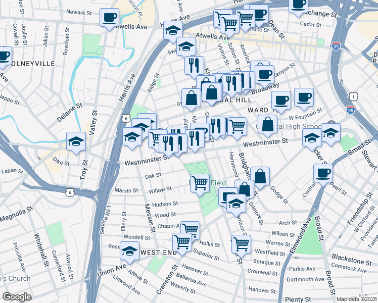 map of restaurants, bars, coffee shops, grocery stores, and more near 1403 Westminster Street in Providence