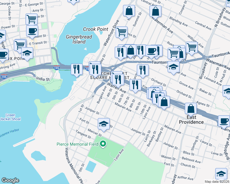 map of restaurants, bars, coffee shops, grocery stores, and more near 89 Warren Avenue in East Providence