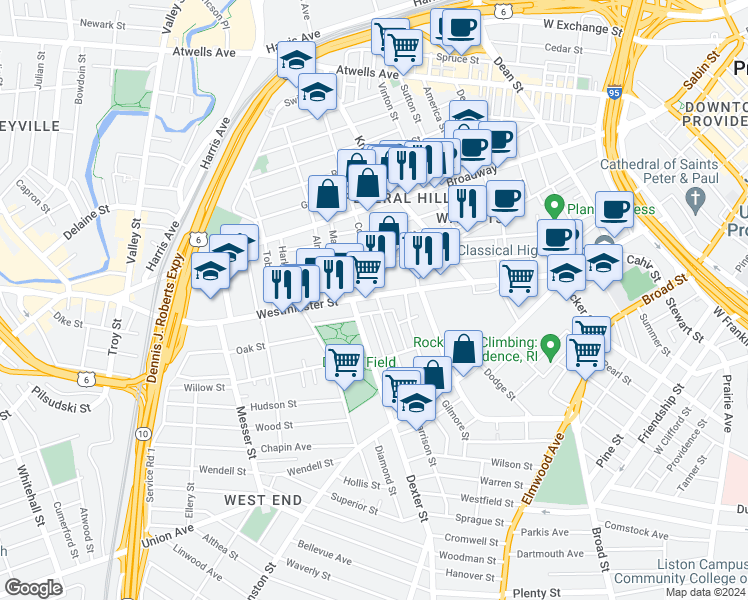 map of restaurants, bars, coffee shops, grocery stores, and more near 1300 Westminster Street in Providence