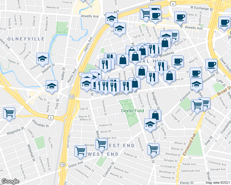 map of restaurants, bars, coffee shops, grocery stores, and more near 10 Almy Street in Providence