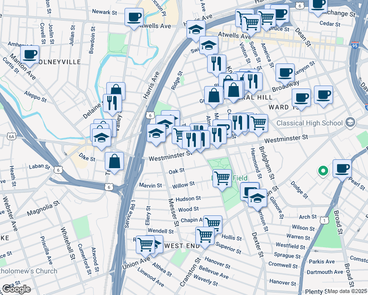 map of restaurants, bars, coffee shops, grocery stores, and more near 114 Tobey Street in Providence