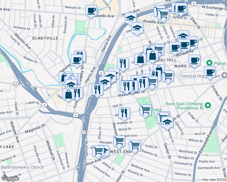 map of restaurants, bars, coffee shops, grocery stores, and more near 49 Bainbridge Avenue in Providence