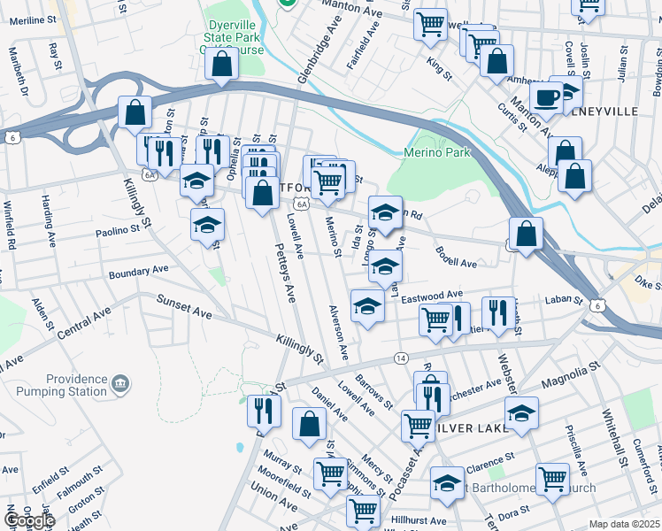 map of restaurants, bars, coffee shops, grocery stores, and more near 115 Merino Street in Providence