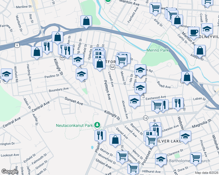 map of restaurants, bars, coffee shops, grocery stores, and more near 150 Petteys Avenue in Providence