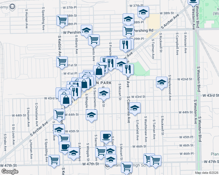 map of restaurants, bars, coffee shops, grocery stores, and more near 2911 West 42nd Street in Chicago