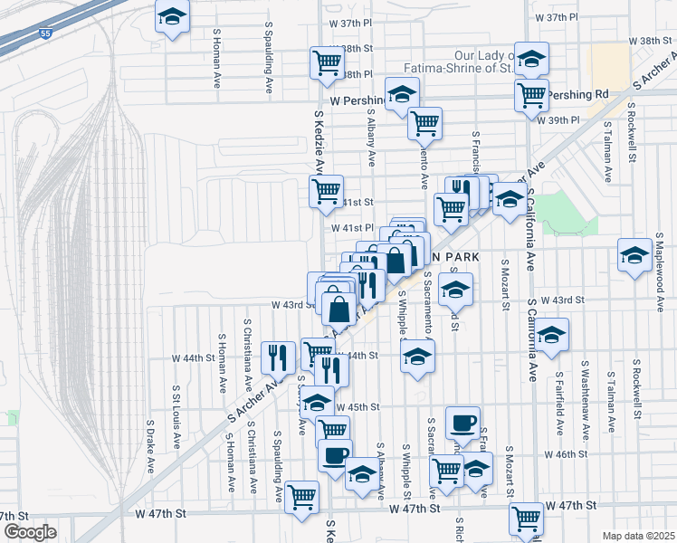 map of restaurants, bars, coffee shops, grocery stores, and more near 3143 West 42nd Street in Chicago