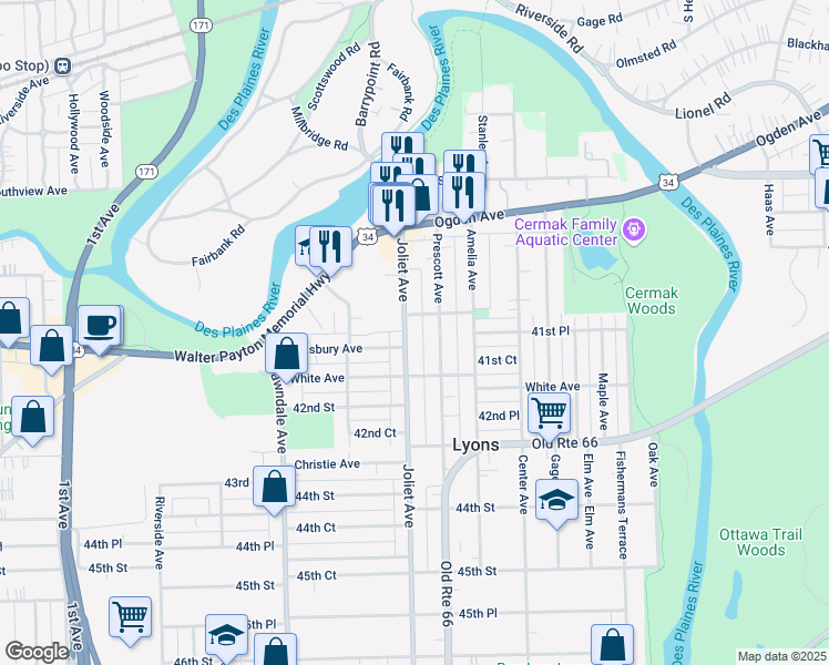 map of restaurants, bars, coffee shops, grocery stores, and more near 4103 Collins Avenue in Lyons
