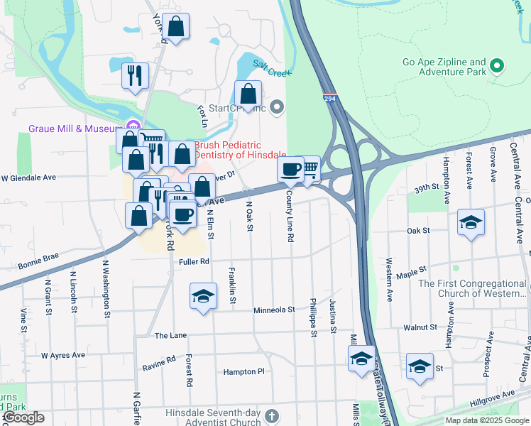 map of restaurants, bars, coffee shops, grocery stores, and more near 420 East Ogden Avenue in Hinsdale
