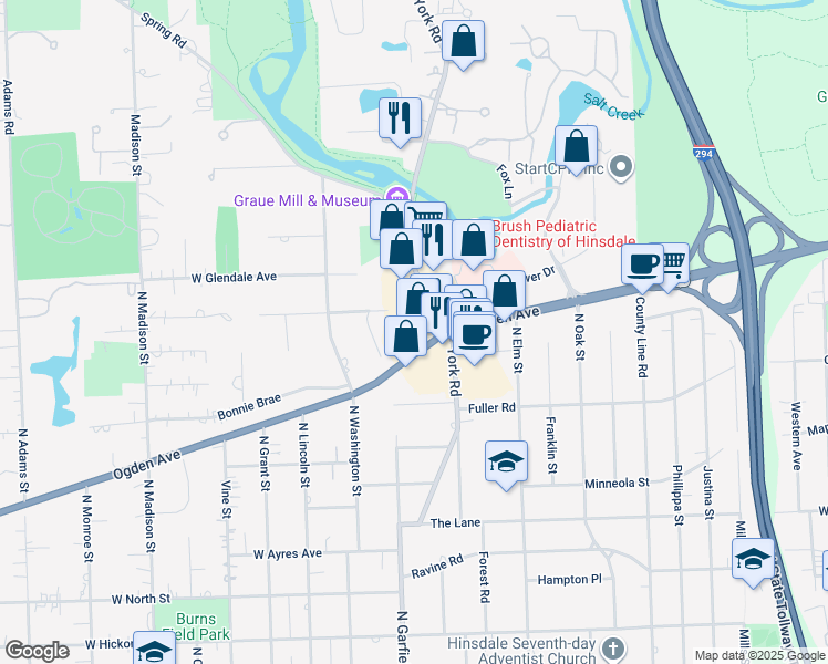 map of restaurants, bars, coffee shops, grocery stores, and more near 920 North York Road in Hinsdale