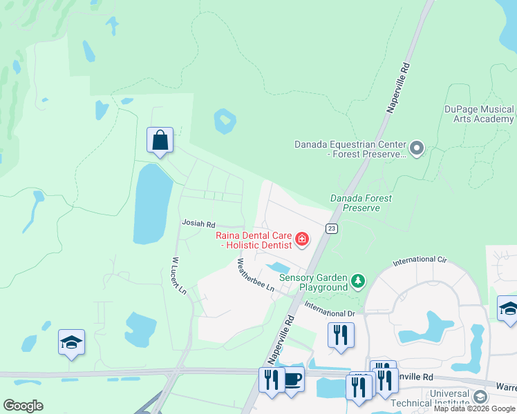 map of restaurants, bars, coffee shops, grocery stores, and more near 3S672 Delles Road in Naperville