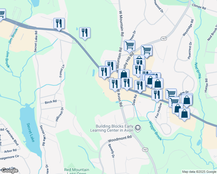 map of restaurants, bars, coffee shops, grocery stores, and more near 15 Albany Turnpike in Simsbury