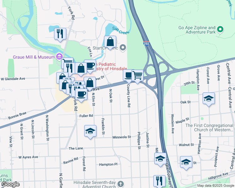 map of restaurants, bars, coffee shops, grocery stores, and more near 420 East Ogden Avenue in Hinsdale