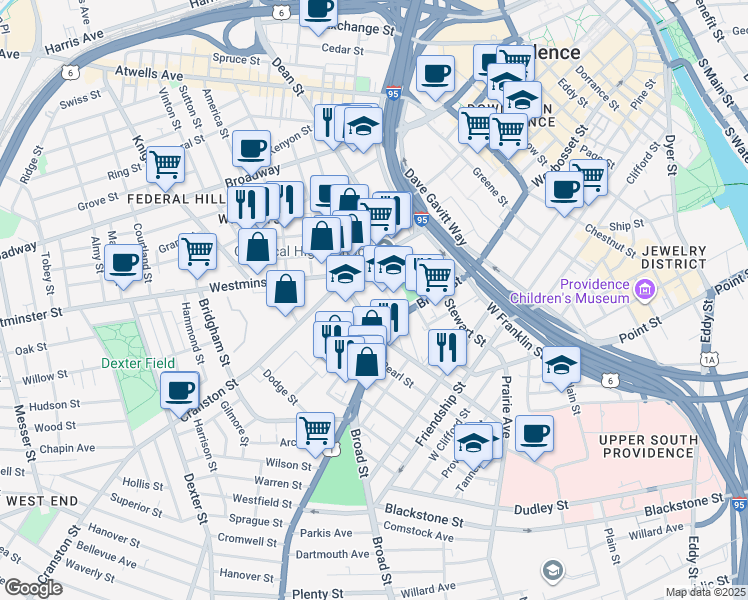map of restaurants, bars, coffee shops, grocery stores, and more near 70 Fricker Street in Providence