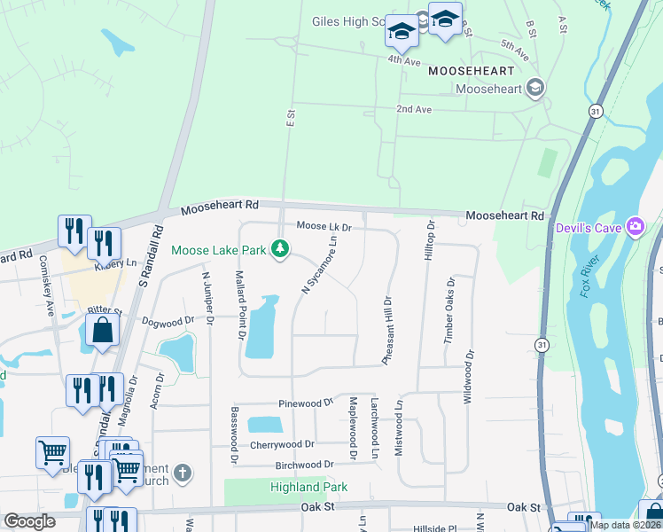 map of restaurants, bars, coffee shops, grocery stores, and more near 525 North Sycamore Lane in North Aurora