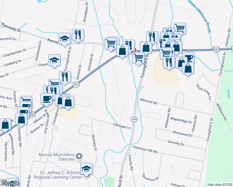 map of restaurants, bars, coffee shops, grocery stores, and more near 159 Greenridge Road in Torrington