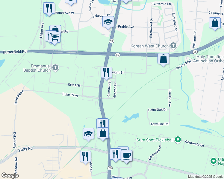 map of restaurants, bars, coffee shops, grocery stores, and more near 3s616 Everton Drive in Warrenville