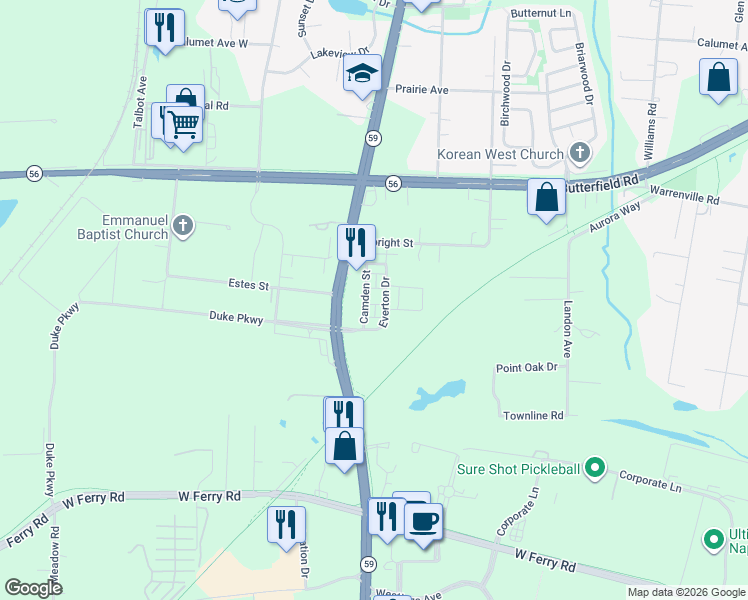 map of restaurants, bars, coffee shops, grocery stores, and more near 3s616 Everton Drive in Warrenville