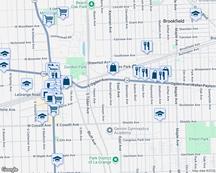 map of restaurants, bars, coffee shops, grocery stores, and more near 27 Washington Avenue in La Grange