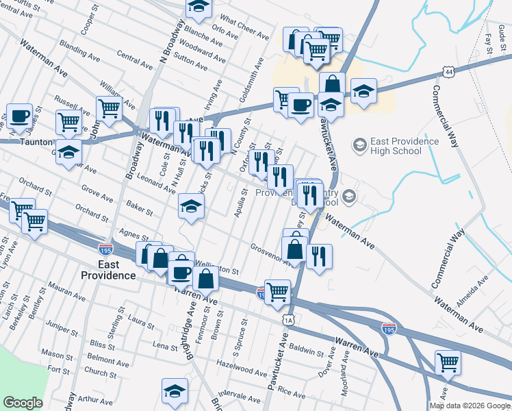 map of restaurants, bars, coffee shops, grocery stores, and more near 15 Appian Way in East Providence