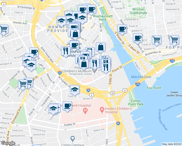 map of restaurants, bars, coffee shops, grocery stores, and more near 100 Elm Street in Providence